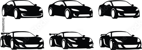 Sports car silhouettes collection featuring modern racing and luxury vehicle designs isolated on white background for automotive and graphic design use