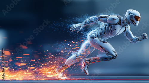 High-speed humanoid robot running with blazing energy trails symbolizing the rapid acceleration and explosive growth of artificial intelligence.  © Curioso.Photography