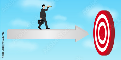 Businessman using Telescope looking for Target. Goal Achievement and Business Success Concept. Vector Illustration.
