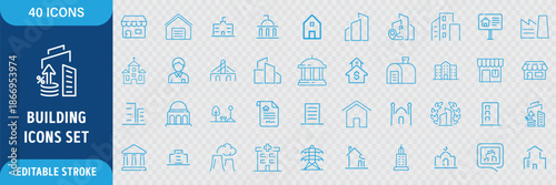 Building Line Icon Set. Residential and Public Buildings, Office, Government, School, Hotel, University, Hospital and Architecture Icons. Editable Outline Stroke. Vector Illustration