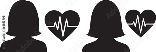 Female Silhouette Icons with Heartbeat Pulse Pulse EKG Line, Women's Health and Cardiology Awareness Concept