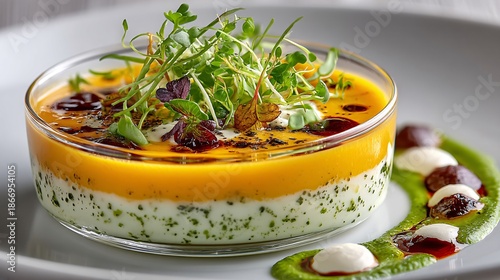 Vibrant Gourmet Dish with Herb Sauce and Garnish in Elegant Bowl