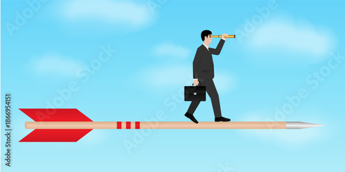 Businessman using Telescope looking for New Opportunity. Business Opportunity and Future Career Concept. Vector Illustration.