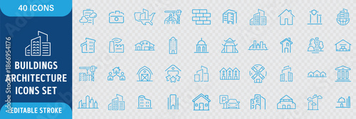 Building Line Icon Set. Residential and Public Buildings, Office, Government, School, Hotel, University, Hospital and Architecture Icons. Editable Outline Stroke. Vector Illustration