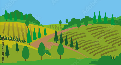 italian vineyard cartoon landscape green hills digital art