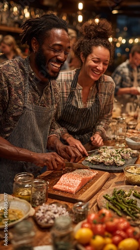 Joyful Friends Preparing Meal Together in Cozy Kitchen Setting