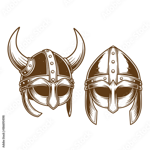 Two medieval helmets one with horns and one without on white background