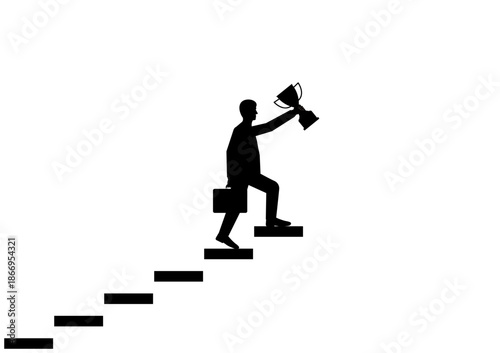 Businessman holding Trophy while walking upstairs Silhouette. Goal Achievement and Business Success Concept. Vector Illustration.