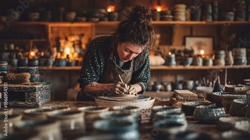 Craftsperson Working Concentrated on a Pottery Wheel in Studio