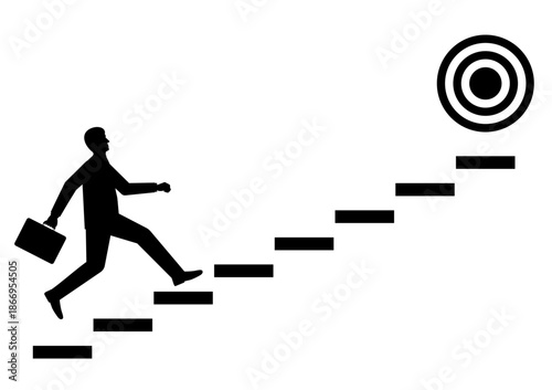 Businessman running upstairs to reach Target Silhouette. Goal Achievement and Business Success Concept. Vector Illustration.