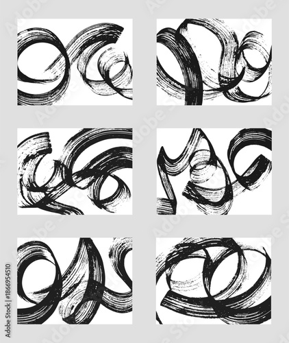 Set of abstract backgrounds. Black ink brush strokes, patterns, posters, cover.