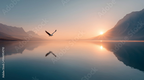 Majestic American bald eagle flying over calm mountain lake at sunrise. Wilderness landscape with bird reflection in water.