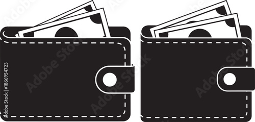 Wallet with Cash Money Silhouette Icon Set, Wealth and Financial Savings Symbol for Banking, Payment and Budgeting Concepts
