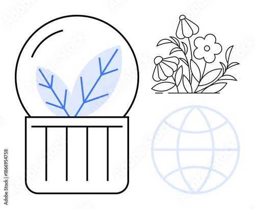 Earth conservation, eco-friendly practices, green energy, sustainable growth, environmental care, global impact. Glass container with leaves, floral elements globe icon. Sustainability and green