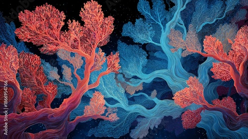 Vibrant Abstract Coral Forest with Flowing Blue and Red Branches