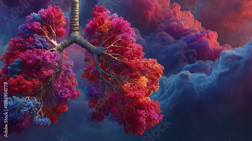 Colorful Tree-Like Human Lungs in Vibrant Cloud Background