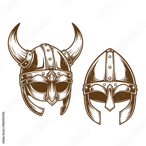 Viking helmets with and without horns in brown color on white background