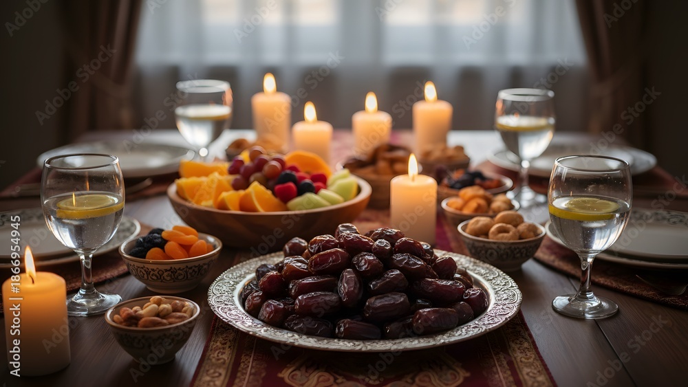 Fototapeta premium A clean and elegant minimalist background for Ramadan celebrations. The image features a modern golden lantern with intricate patterns, placed beside a small white bowl of premium dates.