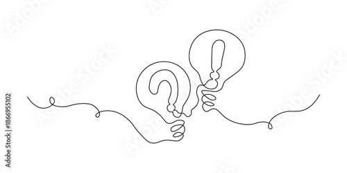 Continuous line art drawing representing a question and an answer or idea with two interconnected lightbulbs illustrating problem solving and insight