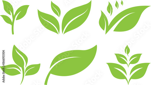 Leaf sprout icon vector set, green leaves plant eco logo symbol simple graphic illustration set, vegan fresh herb pictogram shape sign, organic natural healthy logotype