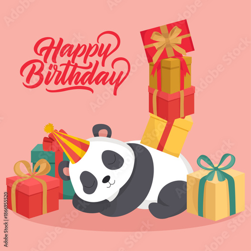 Happy birthday greeting card sleeping cute panda colorful presents festive vibrant party vibe