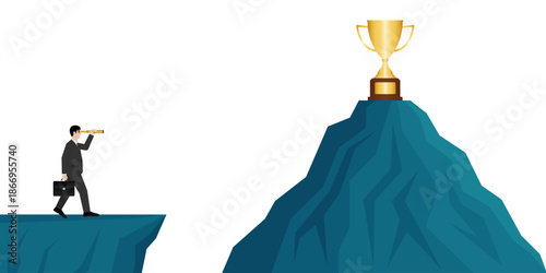 Businessman using Telescope looking for Trophy. Goal Achievement and Business Success Concept. Vector Illustration.