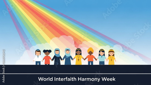 Diverse group of people from different faiths and cultures holding hands under a vibrant rainbow symbolizing unity and harmony on world interfaith harmony week