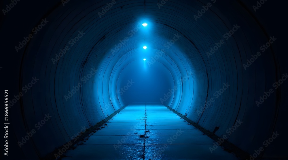 Fototapeta premium Dark circular tunnel illuminated by three bright blue lights, with a wet, reflective floor leading into the distance.