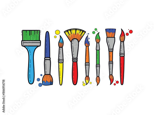 Collection of various paint brushes with colorful splatters vector illustration
