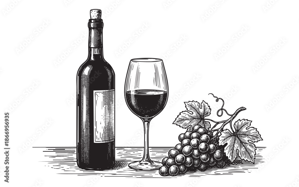 Obraz premium Hand-drawn illustration of a bottle of red wine, a filled wine glass, and a bunch of grapes on a table