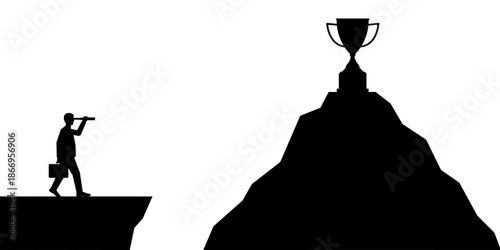 Businessman using Telescope looking for Trophy Silhouette. Goal Achievement and Business Success Concept. Vector Illustration.