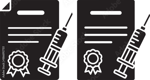 Vaccine Passport and Vaccination Certificate Icon Set with Syringe and Document - Health Immunization Record Symbols
