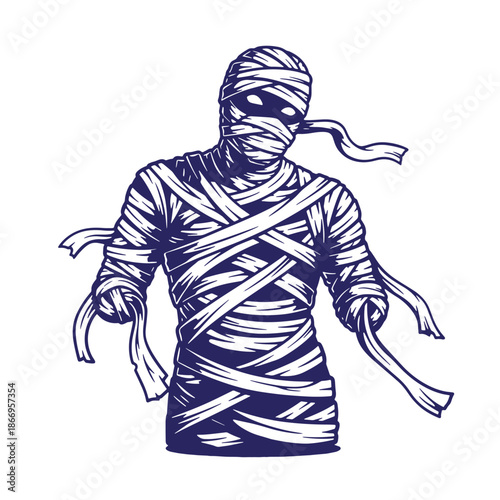 blue and white illustration of a mummy standing with arms outstretched isolated on white background