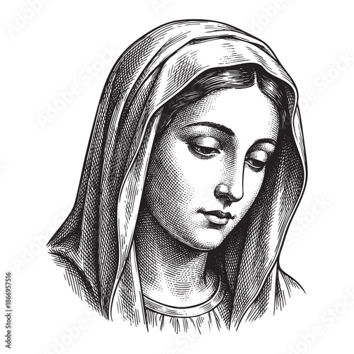 Vintage engraving portrait of the Virgin Mary looking down