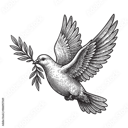 Flying peace dove carrying an olive branch engraving