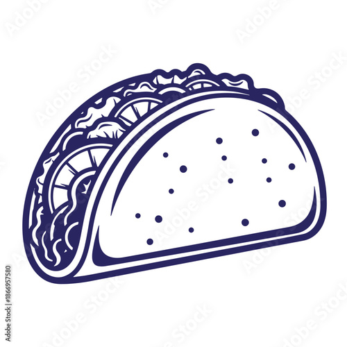blue illustration of a taco with lettuce and filling on white background