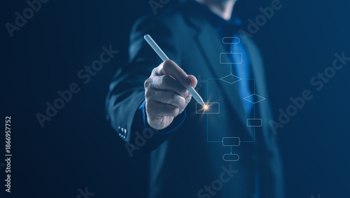 IT consultant explaining system decision logic using flowchart diagram. Concept of business rules, software logic, process analysis, corporate technology, and professional IT consulting.