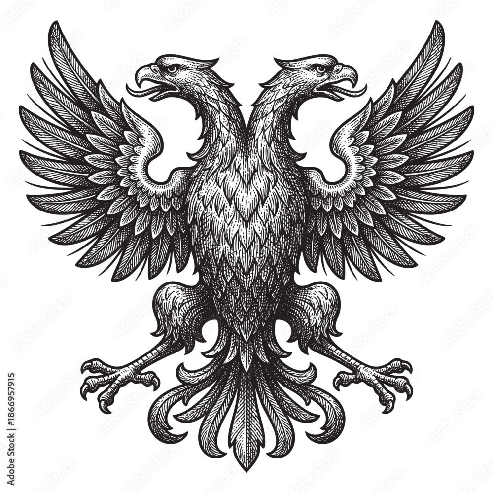 Obraz premium Heraldic double-headed eagle with spread wings engraving