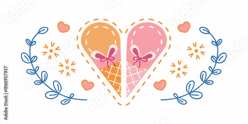 Two ice cream hearts connected together adorned with floral and heart details
