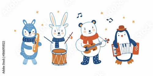 A charming illustration of animal musicians playing various instruments together