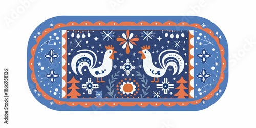 Charming folk art design featuring two stylized roosters and winter motifs