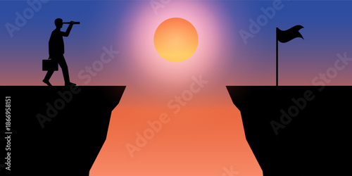 Businessman using Telescope looking for Victory Flag Silhouette during Sunset. Goal Achievement and Business Success Concept. Vector Illustration.