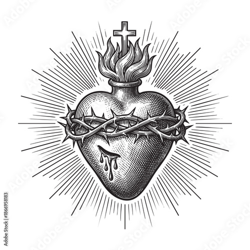 Sacred Heart of Jesus with Thorns and Fire Engraving