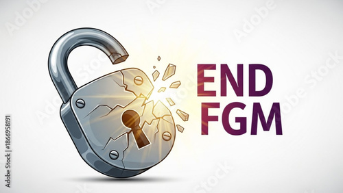 Broken padlock with text END FGM symbolizing freedom from female genital mutilation concept of human rights and liberation