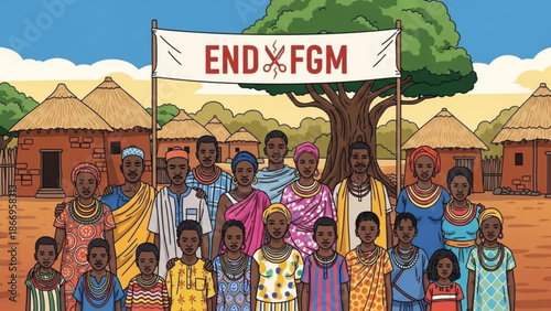 Community stands together against FGM advocating for change in a traditional village setting illustration for awareness campaigns