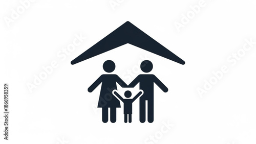 Family protection icon silhouette of parents and child under roof symbol for insurance and home safety isolated on white
