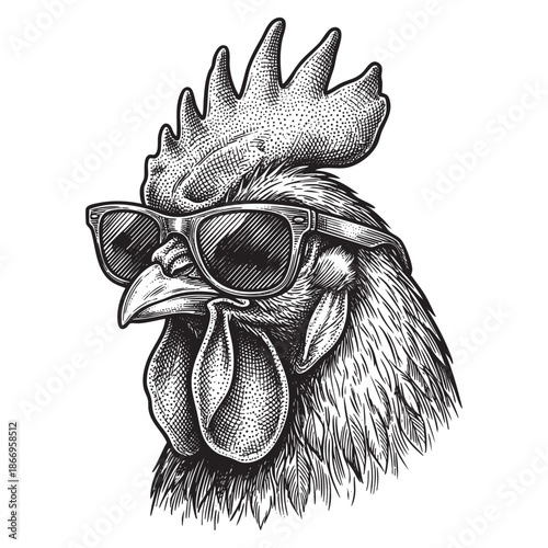 Cool Rooster with Sunglasses Hand-Drawn Engraving