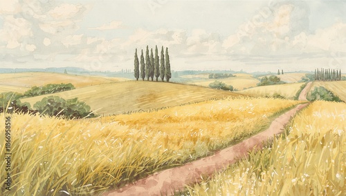 Scenic Watercolor Painting of Rolling Tuscan Hills with Cypress Trees