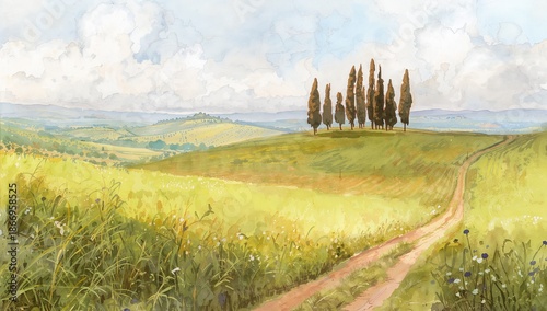 Vintage Artistic Illustration of Golden Wheat Fields and Country Road