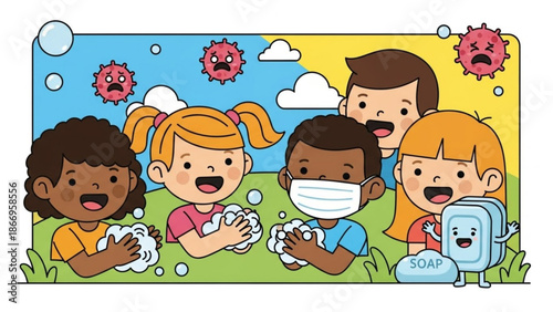 Diverse children washing hands with soap protecting from virus concept of hygiene and health illustration for kids